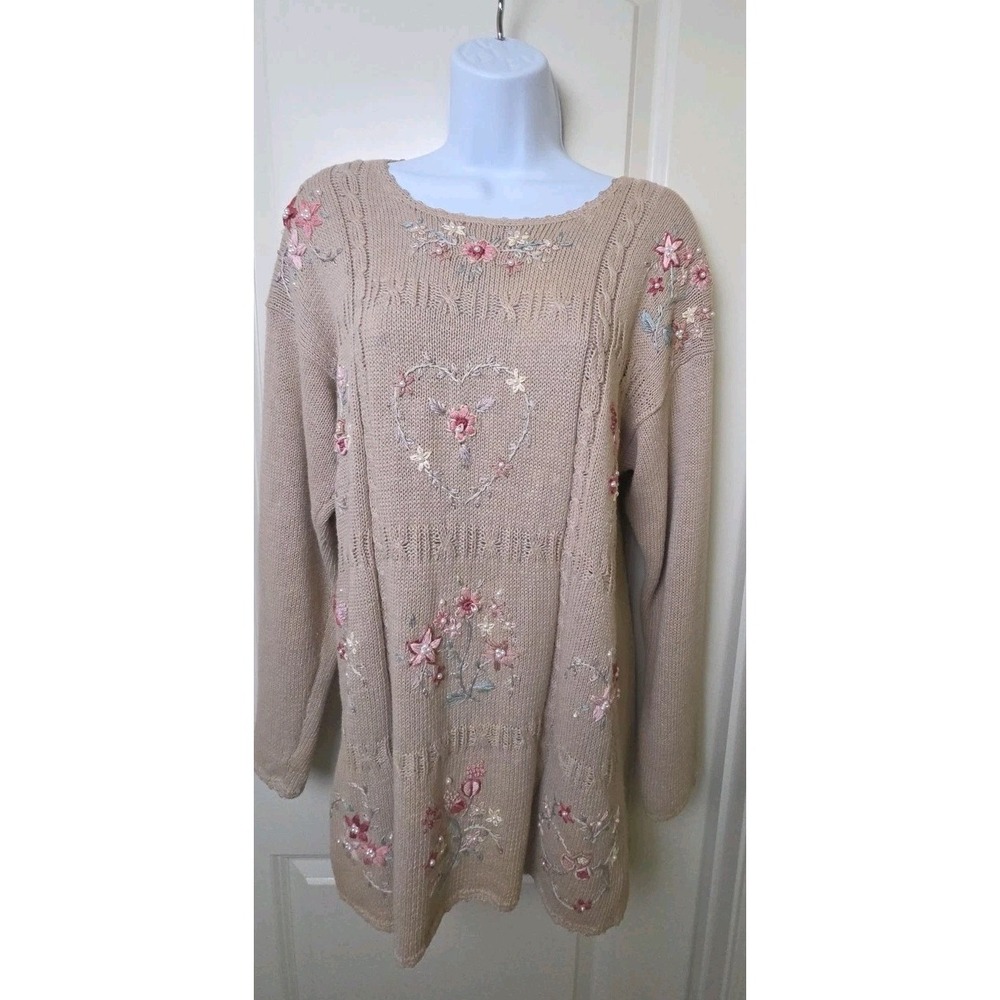 Vtg 1990s Embroidered Pearl Heart Flower Cable Knit Sweater Cottage Tan Tunic M - Picture 4 of 14